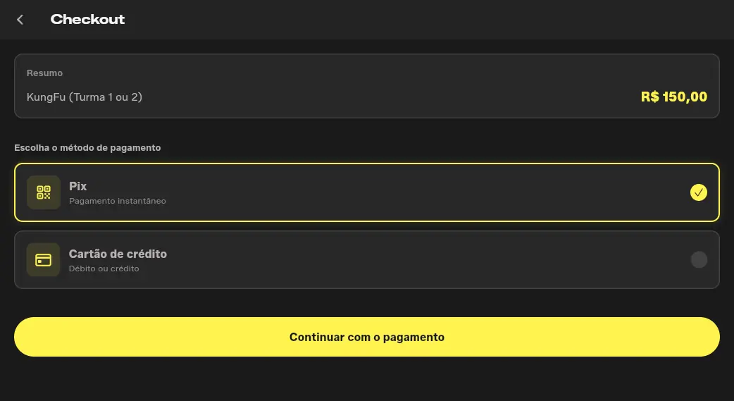 Checkout do aluno com pagamento por PIX