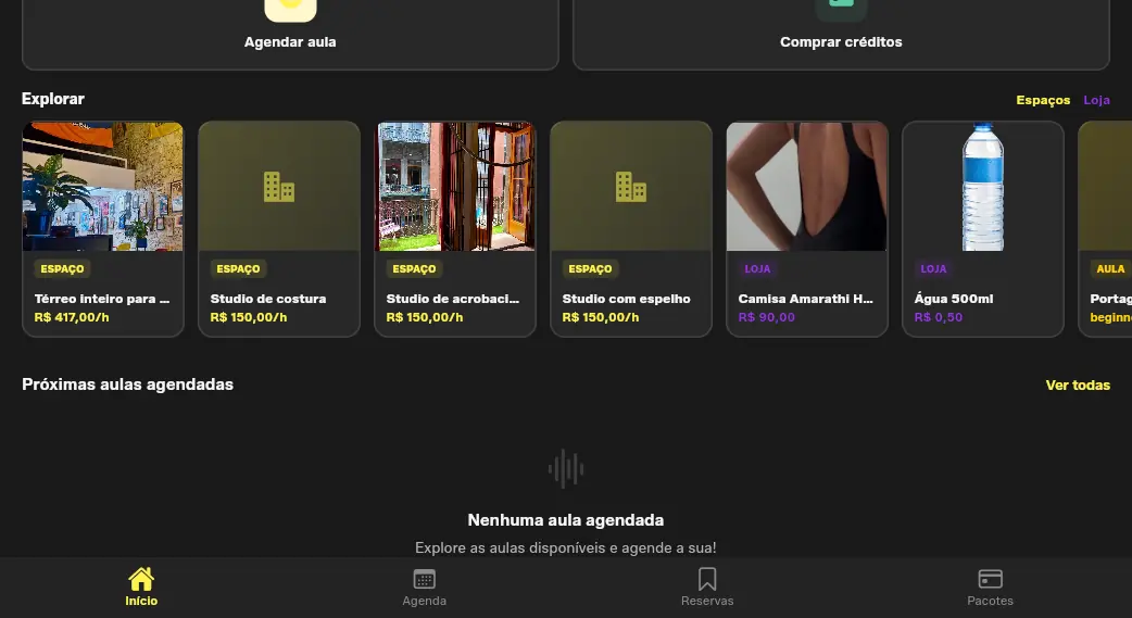 Tela inicial do aluno com atalhos para agendar aula, comprar créditos e explorar espaços