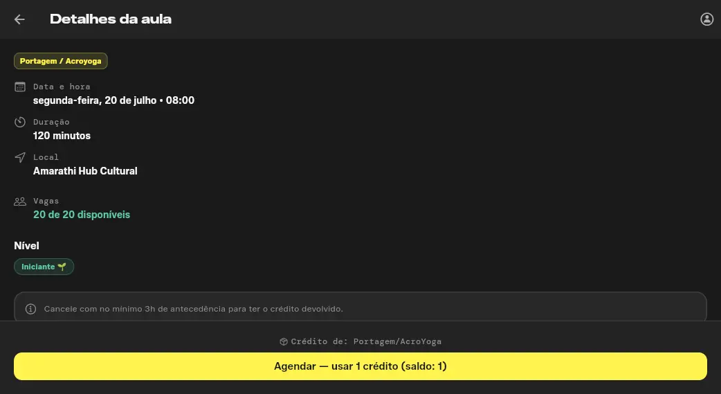 Detalhe de uma aula com opção de reservar usando crédito