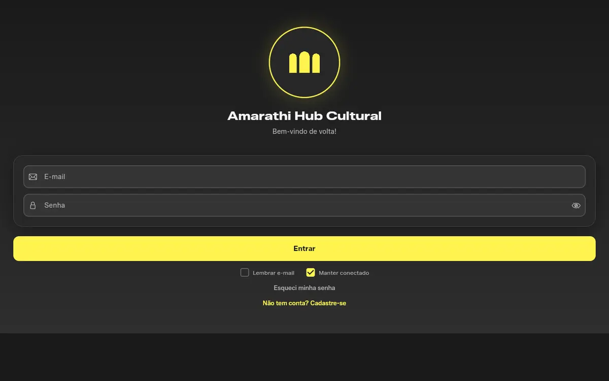 Tela de login do app Amarathi, escura, com o símbolo da marca